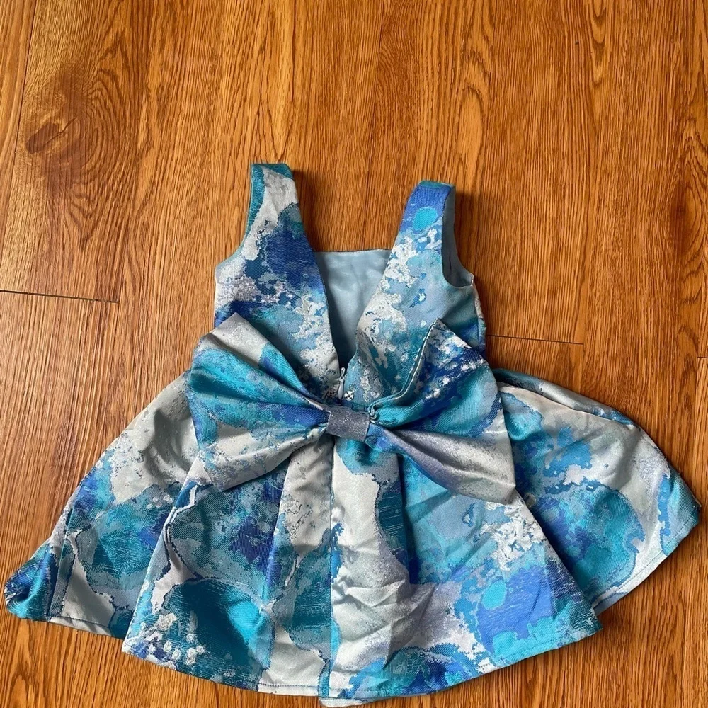 Halabaloo blue watercolor print dress back bow